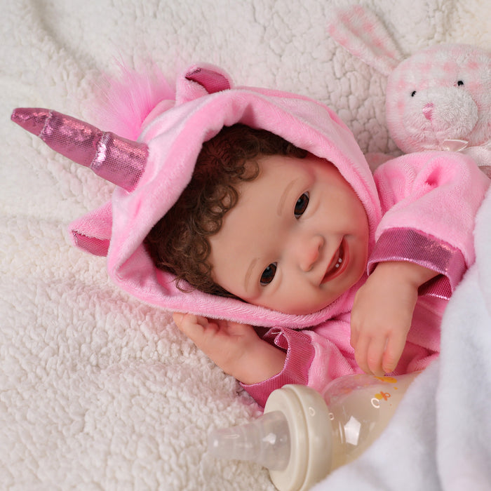 Babeside Mia 16" Full Silicone Reborn Baby Girl Awake Brown Eyes Lovely Pink Unicorn