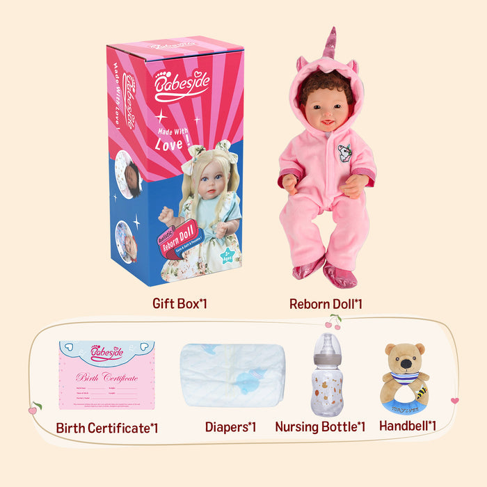 Babeside Mia 16" Full Silicone Reborn Baby Girl Awake Brown Eyes Lovely Pink Unicorn