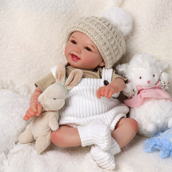 Babeside Mia 17" Reborn Baby Awake Smiling Girl Brown Eyes Lovely Fluffy Hat