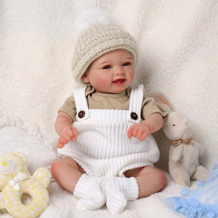 Babeside Mia 17" Reborn Baby Awake Smiling Girl Brown Eyes Lovely Fluffy Hat