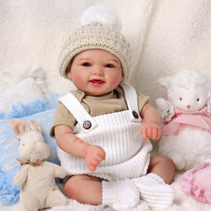 Babeside Mia 17" Reborn Baby Awake Smiling Girl Brown Eyes Lovely Fluffy Hat