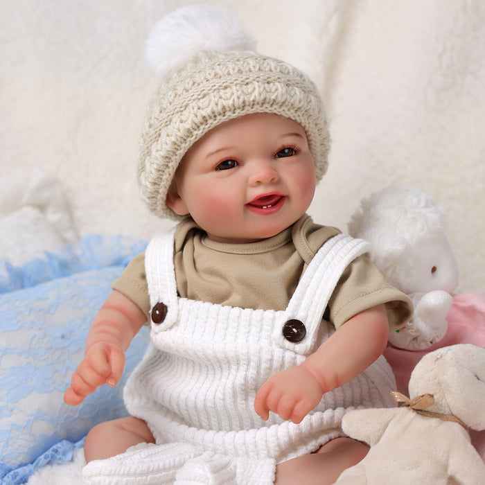 Babeside Mia 17" Reborn Baby Awake Smiling Girl Brown Eyes Lovely Fluffy Hat