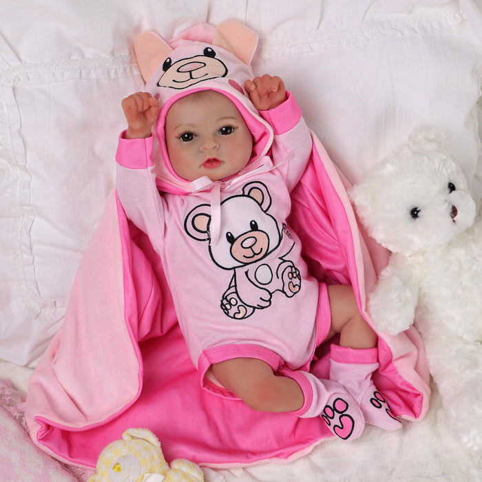 Babeside Nelly 20'' Realistic Reborn Baby Doll Awake Girl Lovely Pink Bear Cloak