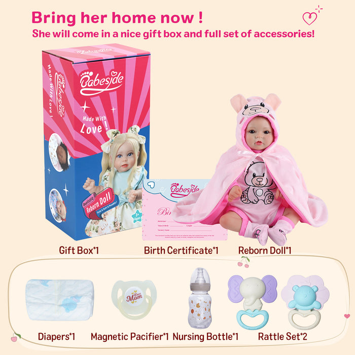 Babeside Nelly 20'' Realistic Reborn Baby Doll Awake Girl Lovely Pink Bear Cloak