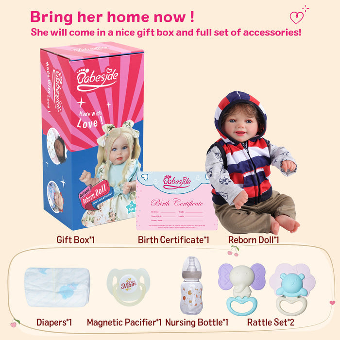 Babeside Sunny 17'' Reborn Baby Doll Adorable Boy Short Brown Hair Baseball Girl Lovely Sport Style Awake Smiling Sweet