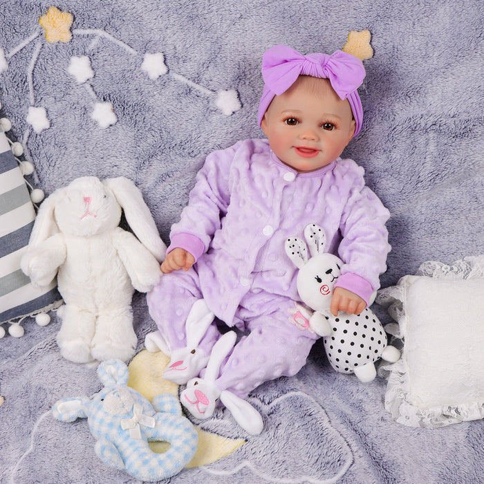 Babeside Sunny 17'' Reborn Baby Doll Adorable Brown Eyes Purple Crawl Suit Girl