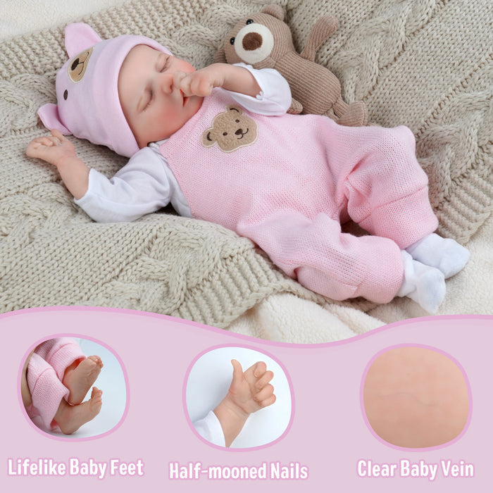 Babeside Twinnie 17" Realistic Reborn Baby Doll Cute Girl Asleep Pink Bear