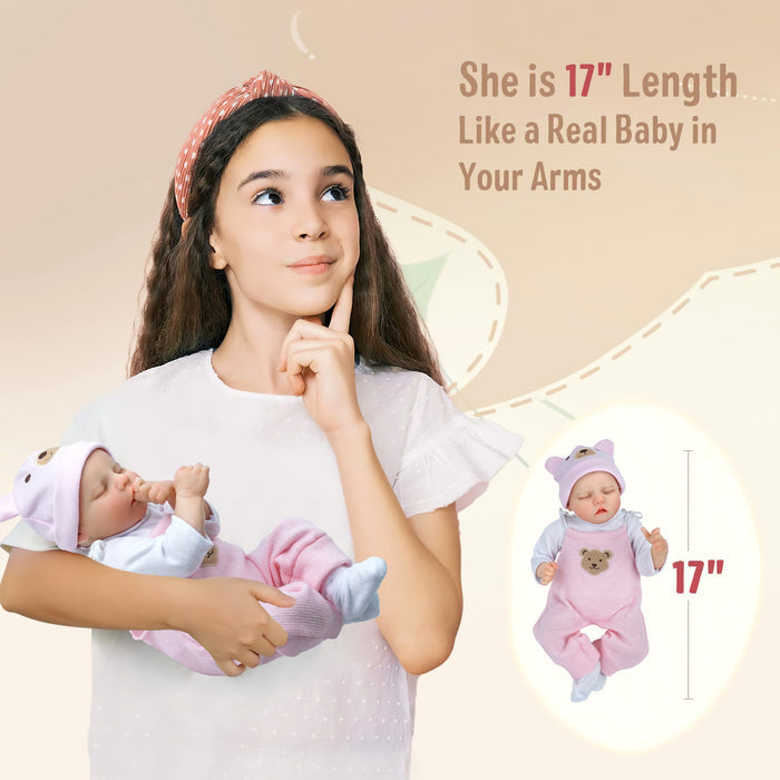 Babeside Twinnie 17" Realistic Reborn Baby Doll Cute Girl Asleep Pink Bear