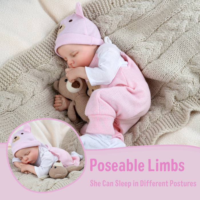 Babeside Twinnie 17" Realistic Reborn Baby Doll Cute Girl Asleep Pink Bear