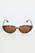 A pair of brown tortoiseshell cat-eye sunglasses with slim arms, photographed on a white background.