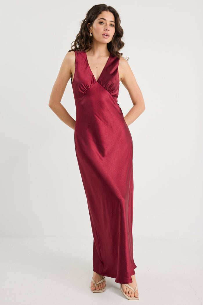 Bastion Burgundy Satin V Neck Tie Back Maxi Dress