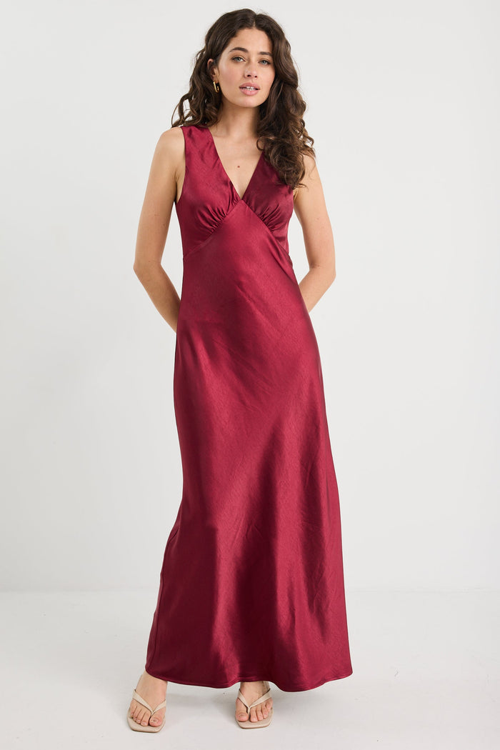 Bastion Burgundy Satin V Neck Tie Back Maxi Dress