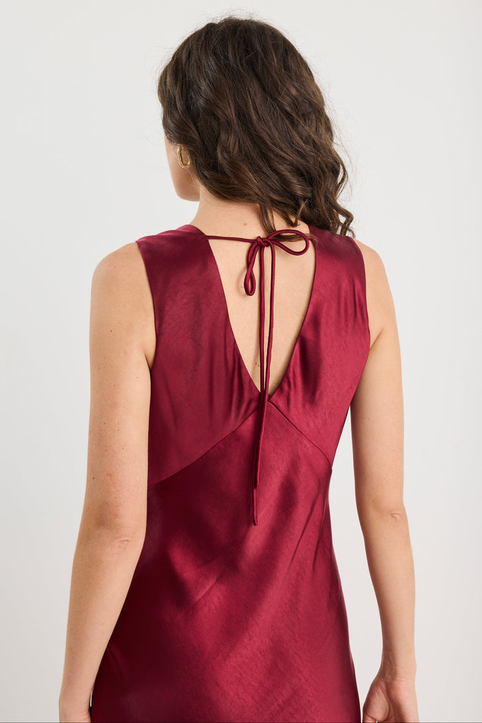 Bastion Burgundy Satin V Neck Tie Back Maxi Dress