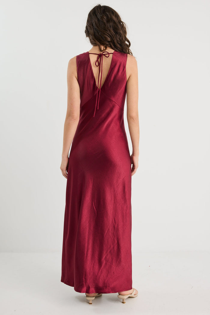 Bastion Burgundy Satin V Neck Tie Back Maxi Dress