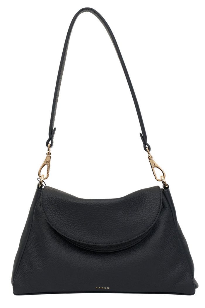 Black handbag with a strap on a white background