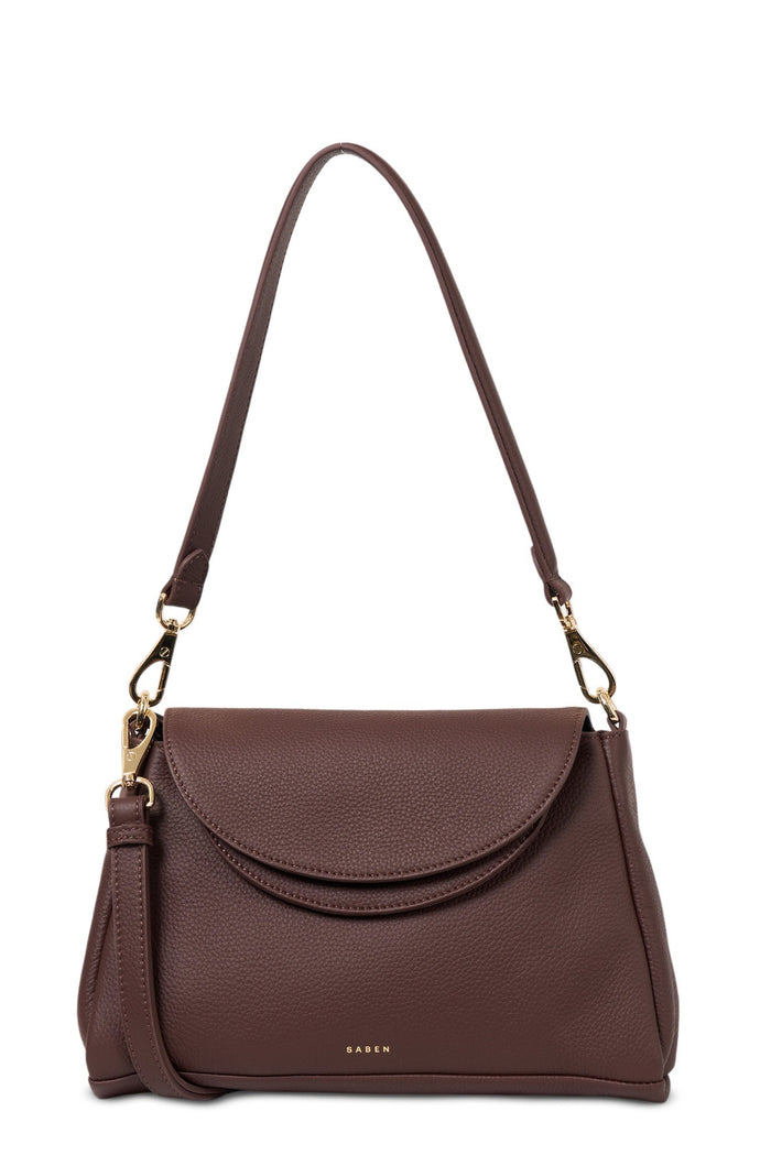 Brown handbag with a shoulder strap on a white background