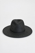 A black woven straw fedora hat with a wide brim and a matching black band, photographed against a clean white background.