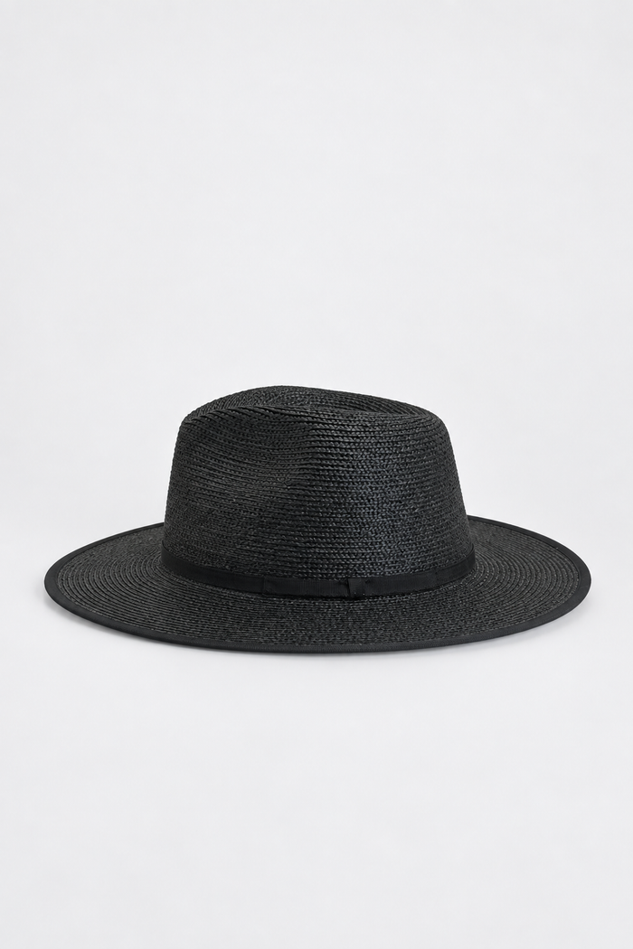 A black woven straw fedora hat with a matching black band, photographed from the side against a plain white background.