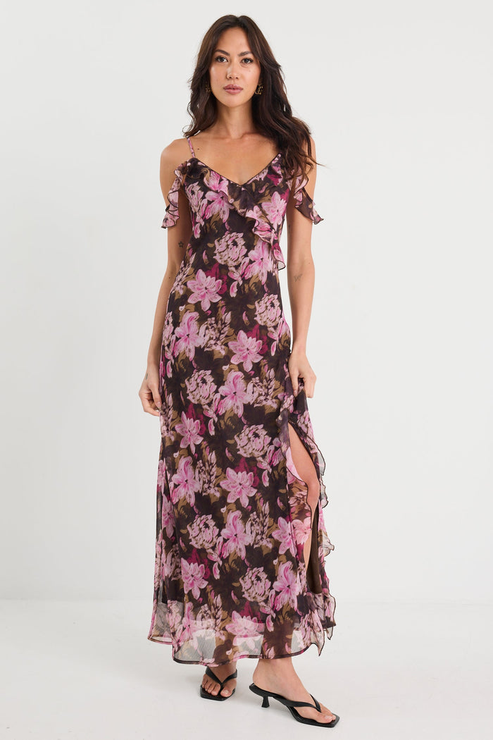 Woman wearing a floral dress on a white background