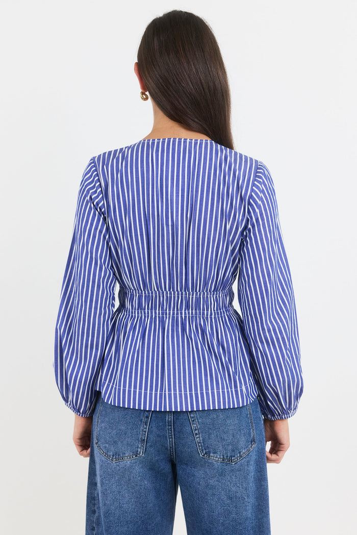 Person wearing a blue and white striped shirt and jeans on a white background
col_pattern