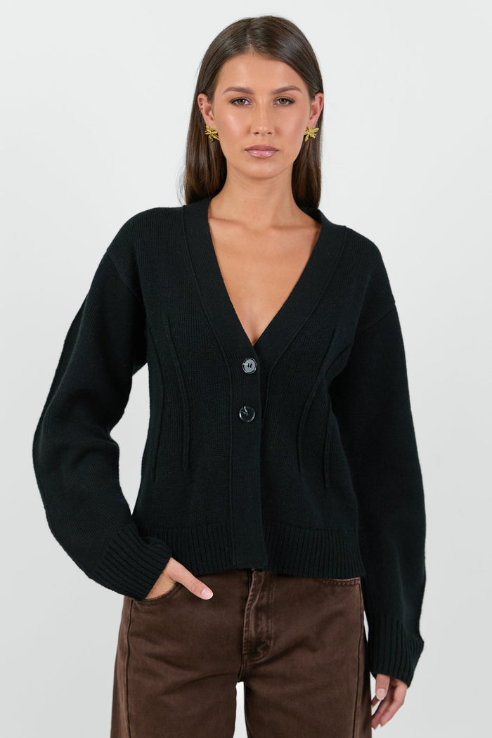 Bespoke Black V Neck Cinched Cardigan