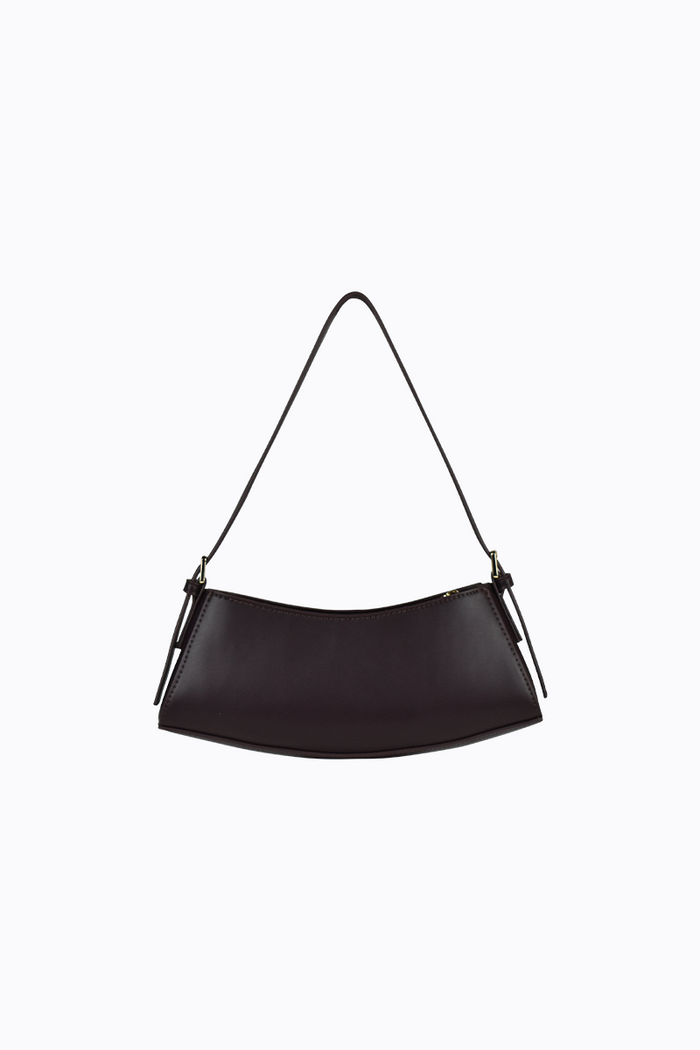 Black handbag with a strap on a white background