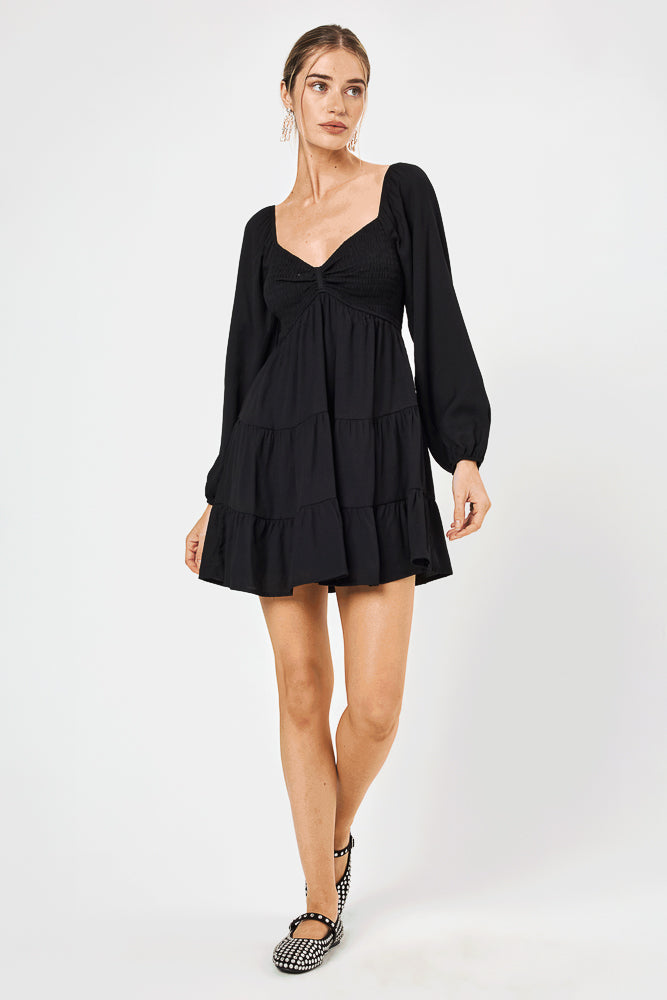 Black Long Sleeve Smocked Bust Dress - Trixxi Clothing