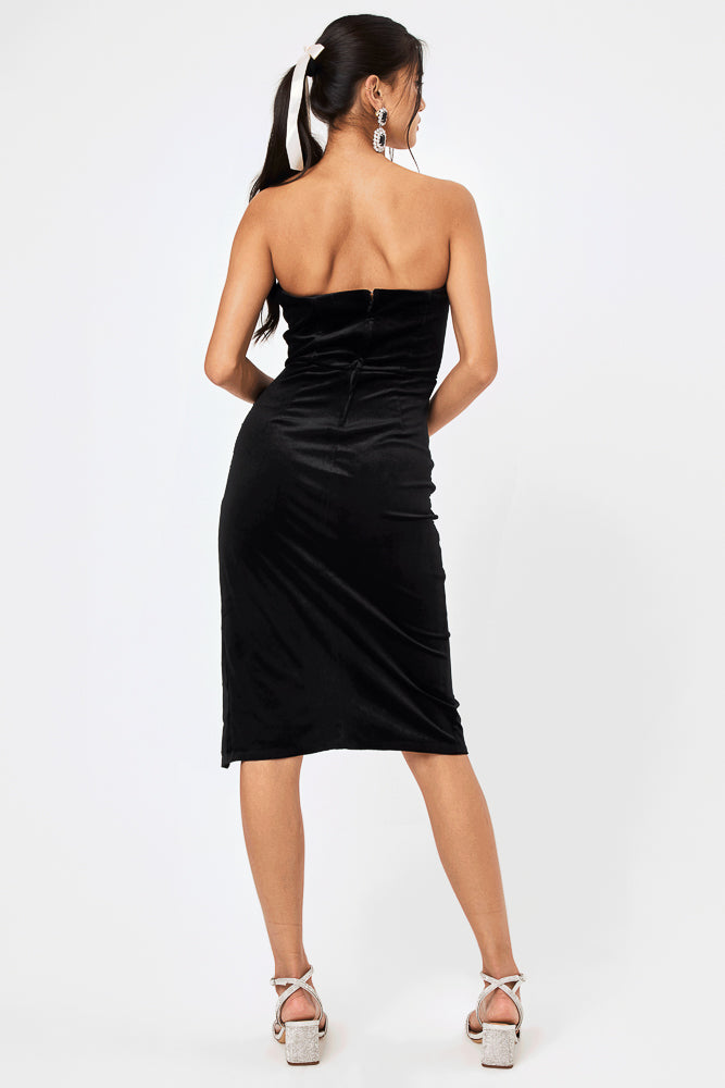 Black Strapless Velvet Midi Dress