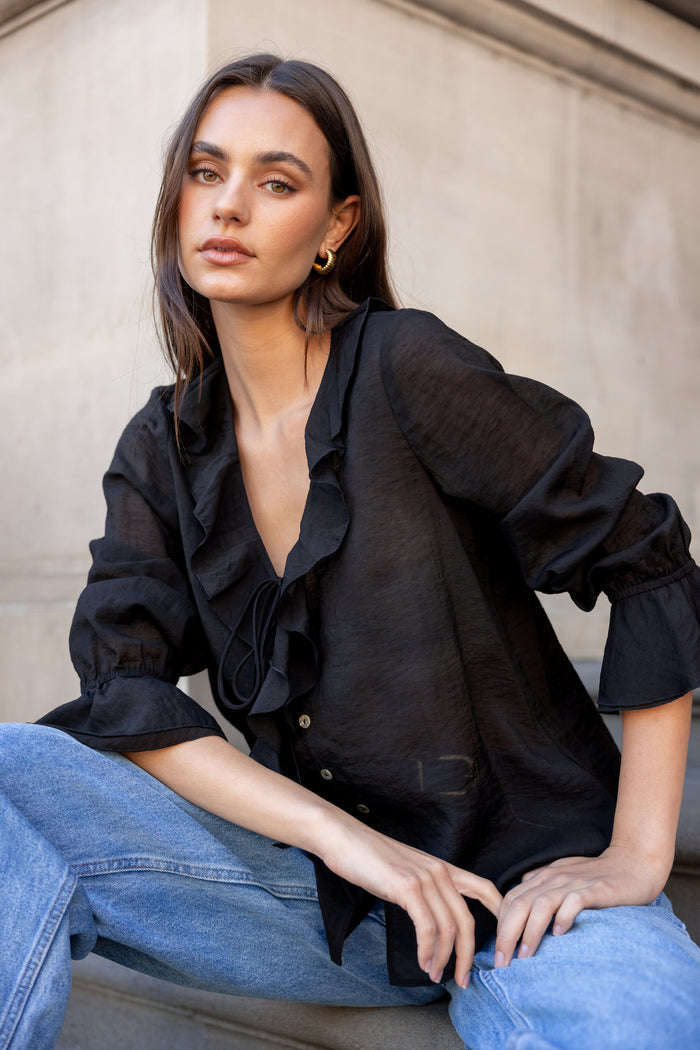 Bohemian Black Sheer Frill Front Blouse