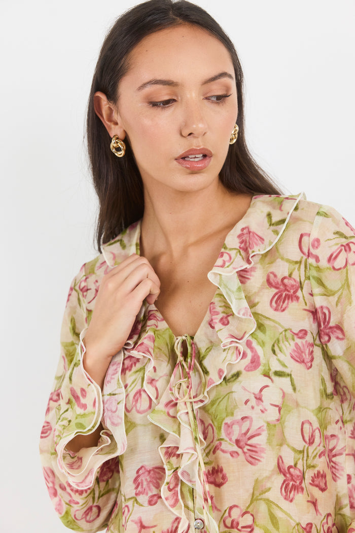Bohemian Cream Blush Floral Sheer Frill Front Blouse