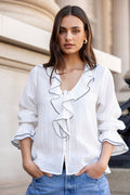 Bohemian Ivory Black Trim Sheer Frill Front Blouse