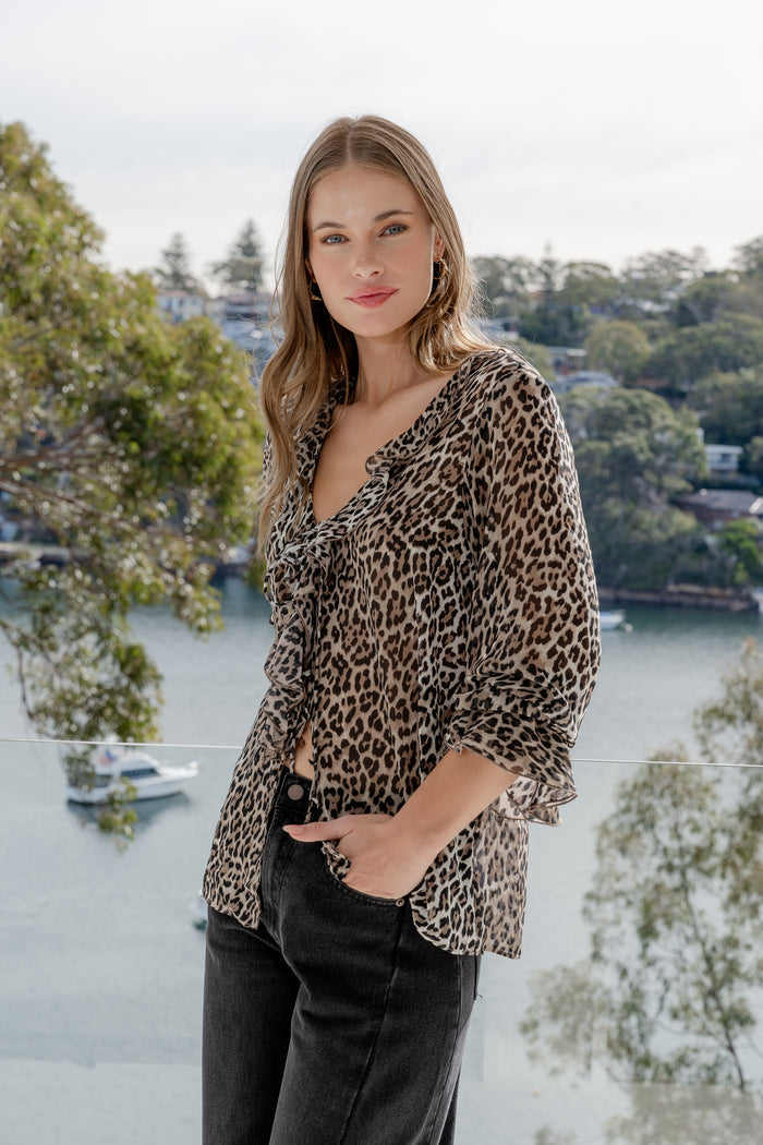 Bohemian Leopard Georgette LS Frill Front Top