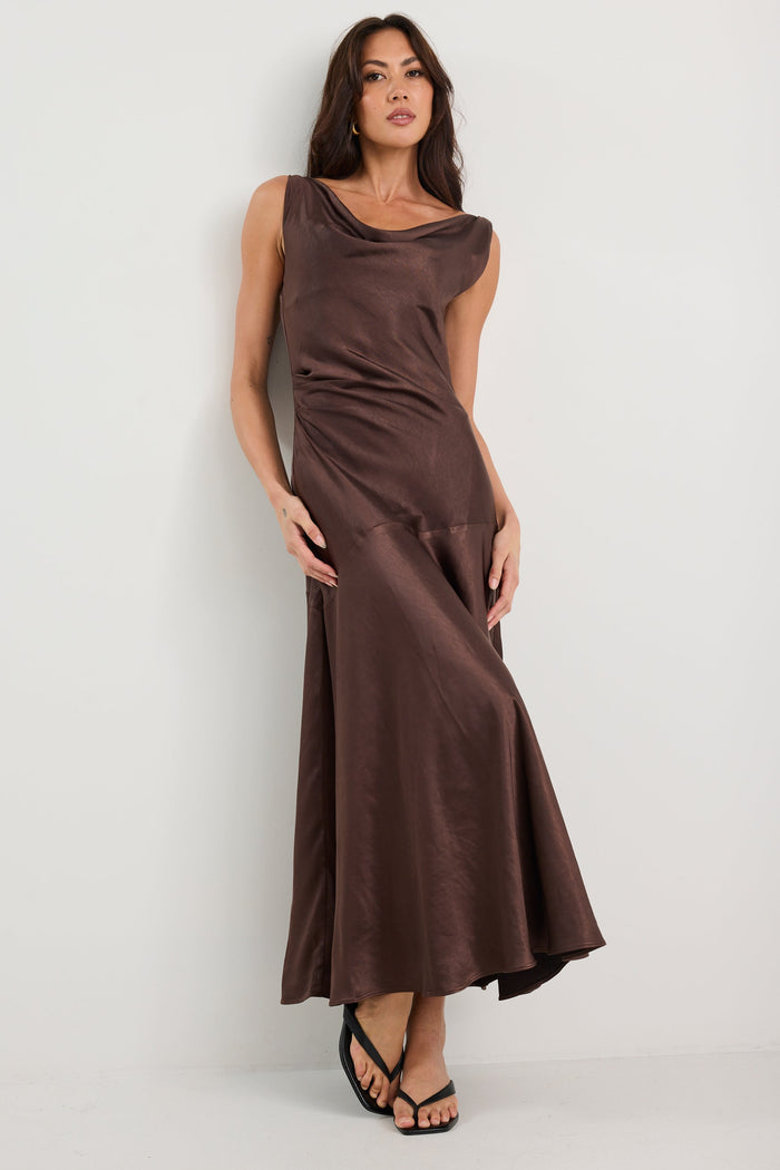 Bountiful Chocolate Satin Tie Back Bias Slip Maxi Dress