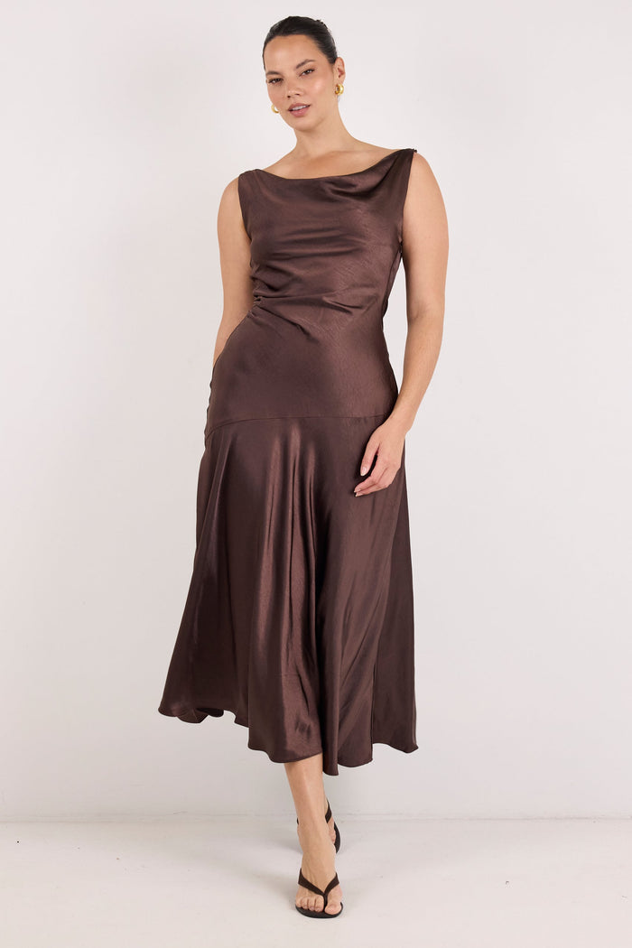 Bountiful Chocolate Satin Tie Back Bias Slip Maxi Dress