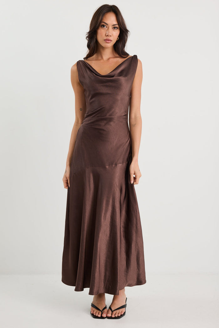 Bountiful Chocolate Satin Tie Back Bias Slip Maxi Dress