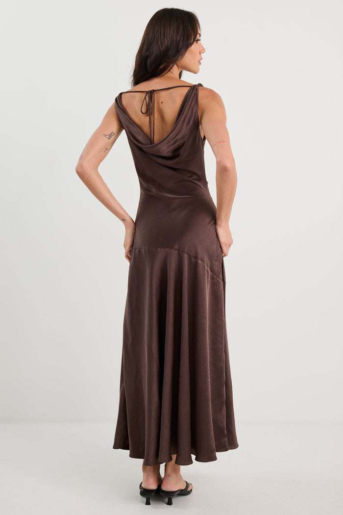 Bountiful Chocolate Satin Tie Back Bias Slip Maxi Dress