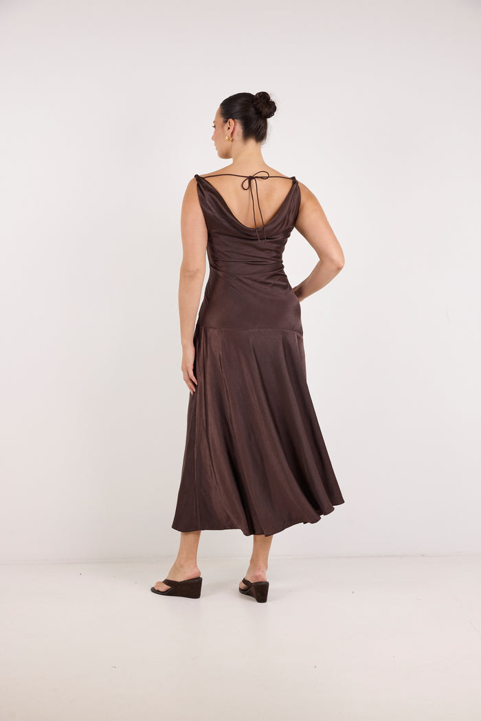 Bountiful Chocolate Satin Tie Back Bias Slip Maxi Dress