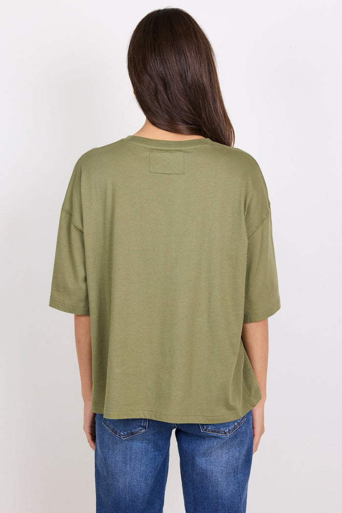 Person wearing an olive green t-shirt and blue jeans on a white background