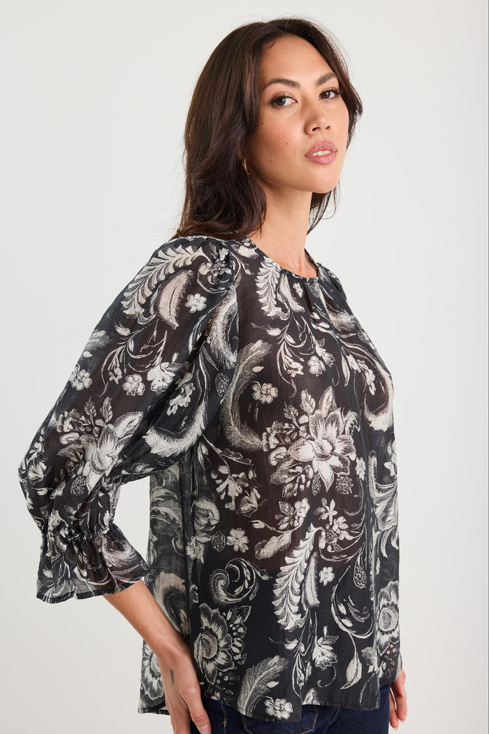 Briefly Black Scrolling Foliage Frill Sleeve Crew Neck Top