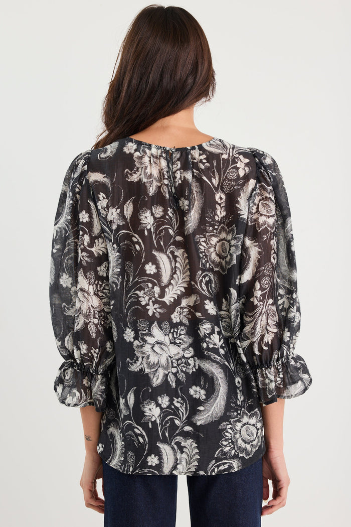 Briefly Black Scrolling Foliage Frill Sleeve Crew Neck Top