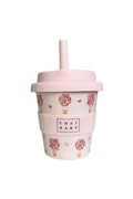 Pink tumbler with floral designs and 'Chai Baby' branding on a white background