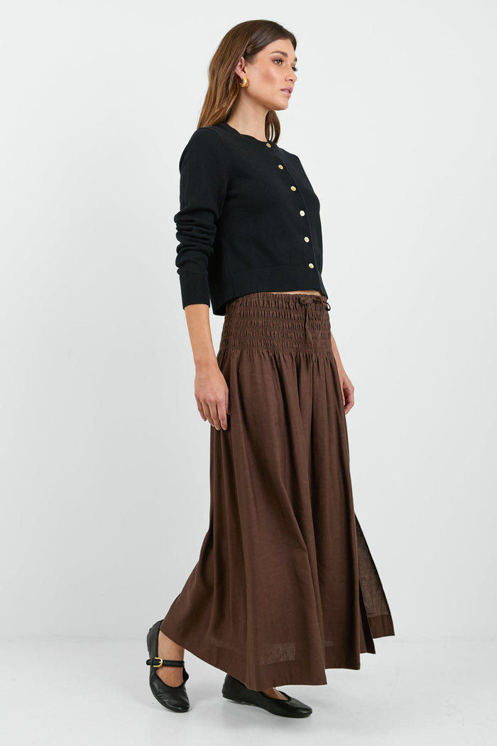 Byron Chocolate Linen Blend Shirred Waist Maxi Skirt
