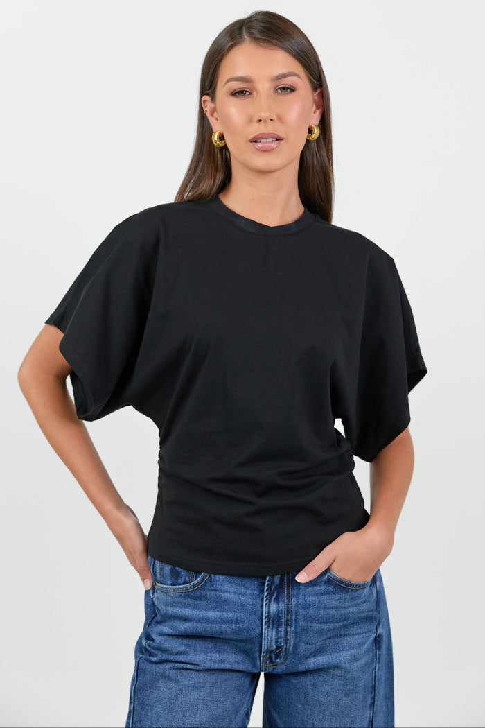 Cadence Black Cotton Gathered Waist Detail Short Sleeve Tee