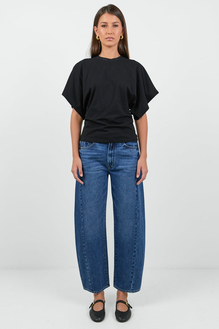 Cadence Black Cotton Gathered Waist Detail Short Sleeve Tee