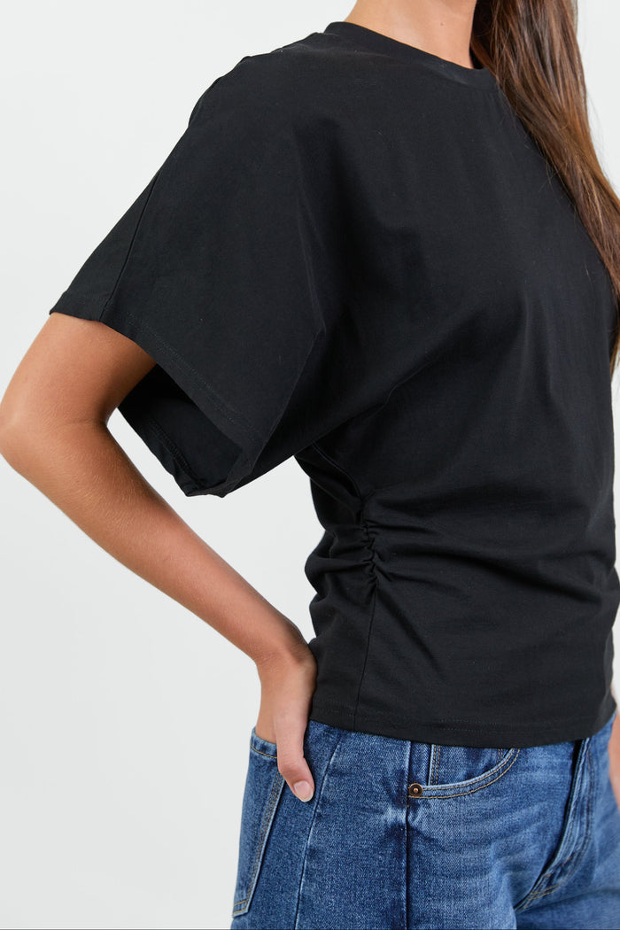 Cadence Black Cotton Gathered Waist Detail Short Sleeve Tee