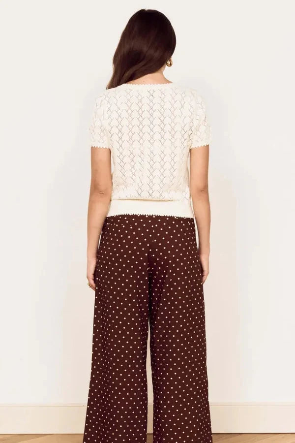 A woman viewed from behind wearing a cream short-sleeve knit top and dark brown wide-leg pants with small white polka dots, standing on a light wood floor against a white wall.
