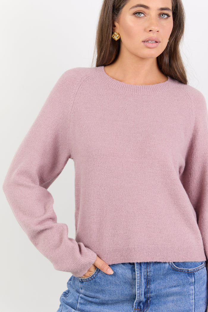 Woman wearing a pink sweater and blue jeans against a white background