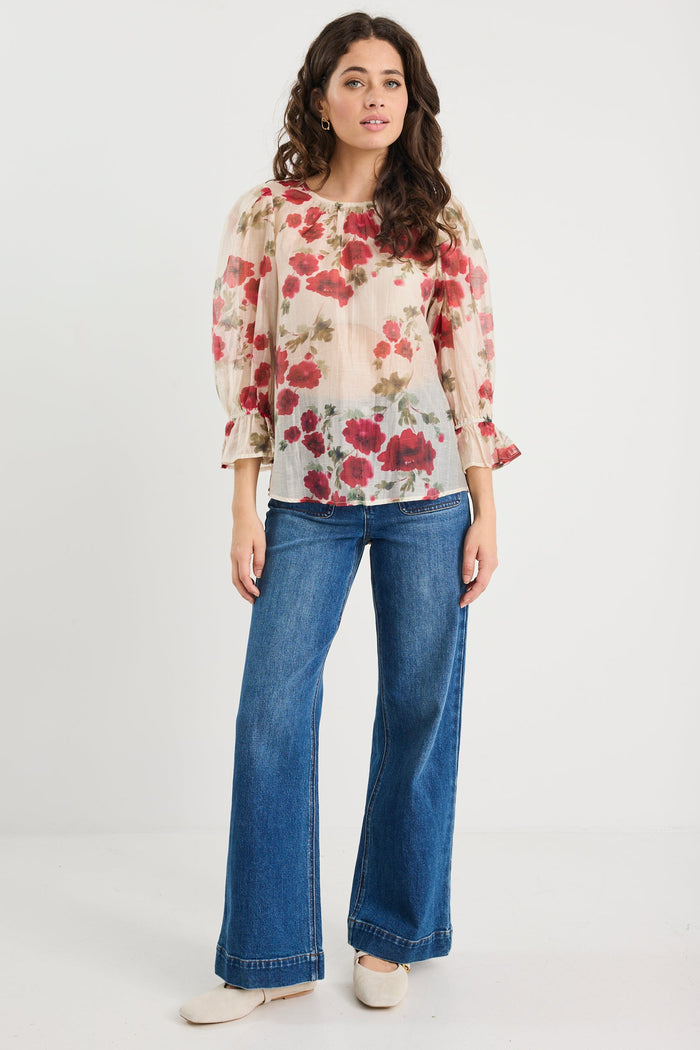 Candid Cream Red Rose Crew Neck Mid Sleeve Top