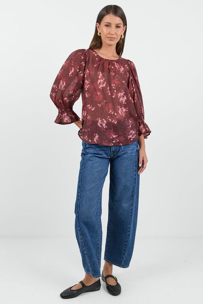 Candid Plum Smudge Floral Frill Sleeve Crew Neck Top