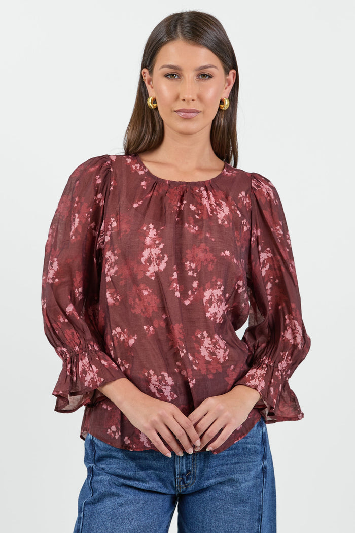 Candid Plum Smudge Floral Frill Sleeve Crew Neck Top